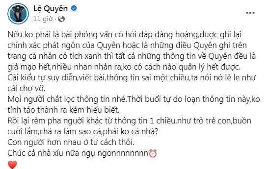 Bài đăng mới của Lệ Quyên khiến cho nhiều người chú ý (Ảnh: Chụp màn hình) Bài đăng mới của Lệ Quyên khiến cho nhiều người chú ý (Ảnh: Chụp màn hình)