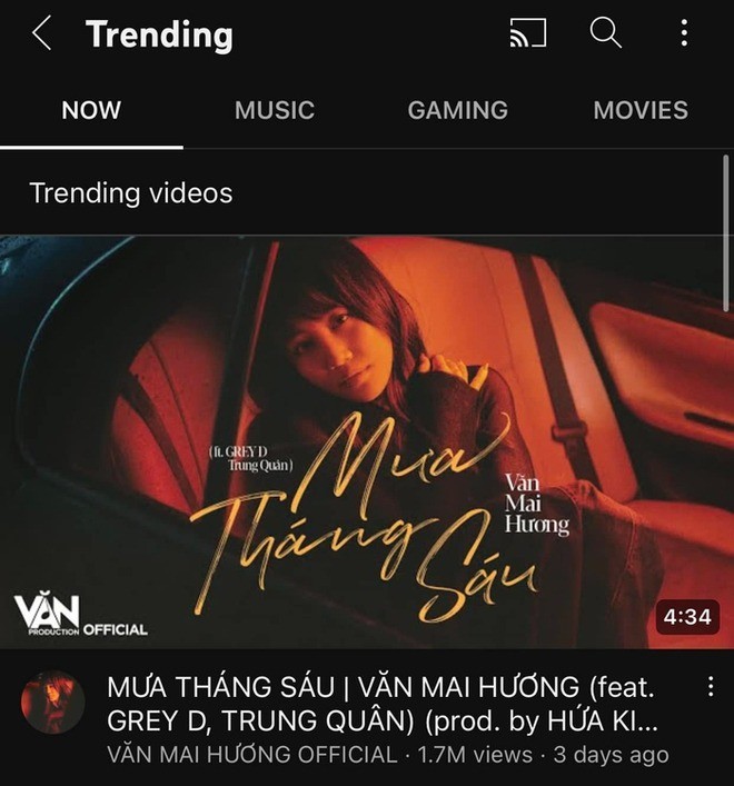 MV 'Mưa tháng Sáu' của Văn Mai Hương lọt top 1 Thịnh hành trong đêm (Ảnh: Chụp màn hình) MV 'Mưa tháng Sáu' của Văn Mai Hương lọt top 1 Thịnh hành trong đêm (Ảnh: Chụp màn hình)