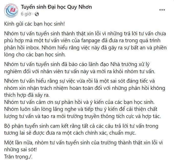 Fanpage tuyển sinh của ĐH Quy Nhơn đăng bài xin lỗi (Ảnh: Chụp màn hình) Fanpage tuyển sinh của ĐH Quy Nhơn đăng bài xin lỗi (Ảnh: Chụp màn hình)