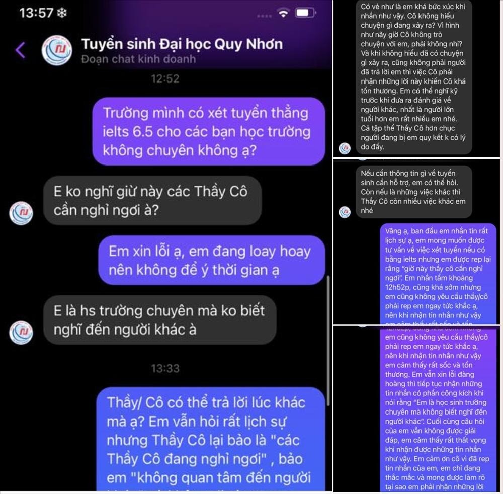 Toàn bộ nội dung đoạn tin nhắn của em học sinh với người tư vấn tuyển sinh trường ĐH Quy Nhơn (Ảnh: Chụp màn hình)