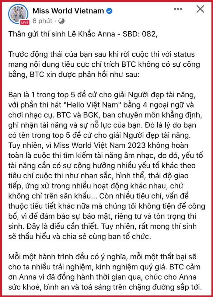 Nguyên văn bài đăng của của BTC Miss World Vietnam về vụ việc của Lê Khắc Anna (Ảnh: Chụp màn hình) Nguyên văn bài đăng của của BTC Miss World Vietnam về vụ việc của Lê Khắc Anna (Ảnh: Chụp màn hình)