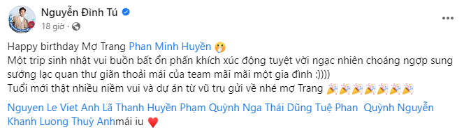 Bài đăng chúc mừng sinh nhật của Đình Tú đến Huyền Lizzie (Ảnh: Chụp màn hình) Bài đăng chúc mừng sinh nhật của Đình Tú đến Huyền Lizzie (Ảnh: Chụp màn hình)