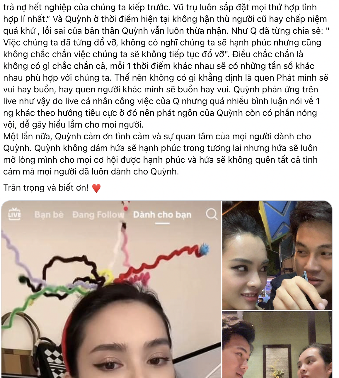 Nguyên văn bài đăng của Quỳnh Lương khiến nhiều người chú ý (Ảnh: FBNV) Nguyên văn bài đăng của Quỳnh Lương khiến nhiều người chú ý (Ảnh: FBNV)