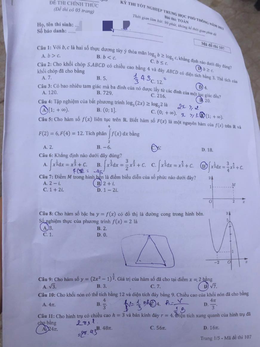 Đáp án môn Toán mã đề 107 kỳ thi tốt nghiệp THPT 2023 nhanh, chính xác