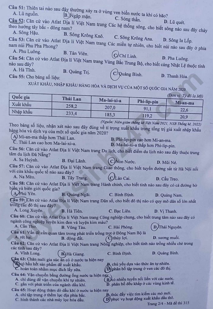 Đáp án môn Địa lí mã đề 315 kỳ thi Tốt nghiệp THPT 2023 nhanh và chính xác - Ảnh 2 Đáp án môn Địa lí mã đề 315 kỳ thi Tốt nghiệp THPT 2023 nhanh và chính xác - Ảnh 2