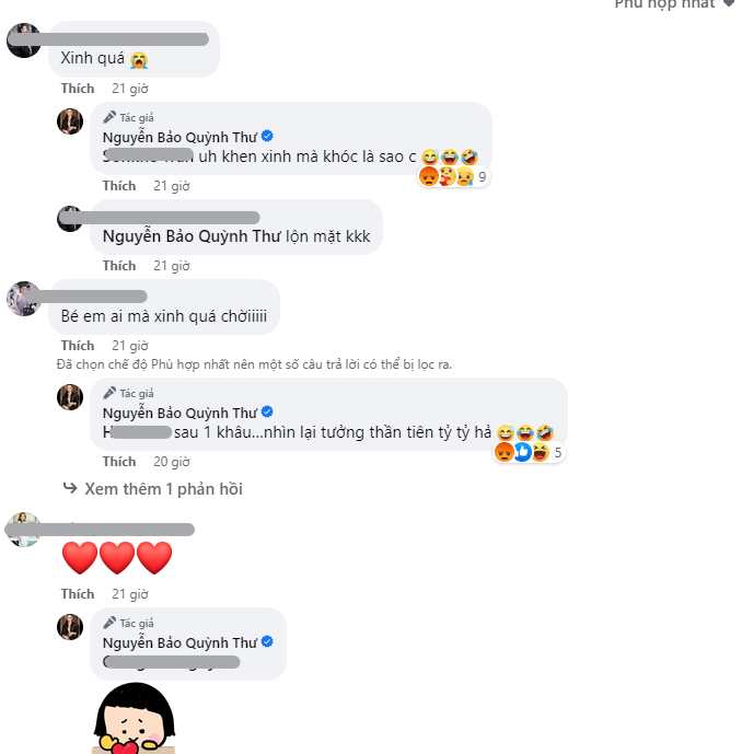 Bạn bè trên Facebook khen Quỳnh Thư. Còn với người lạ cô chọn cách 'khóa' bình luận để tránh nhận về những ý kiến không hay giữa ồn ào (Ảnh: Chụp màn hình) Bạn bè trên Facebook khen Quỳnh Thư. Còn với người lạ cô chọn cách 'khóa' bình luận để tránh nhận về những ý kiến không hay giữa ồn ào (Ảnh: Chụp màn hình)