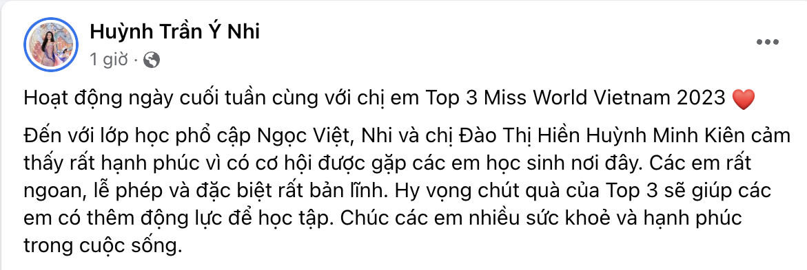 Bài đăng mới nhất của Hoa hậu Ý Nhi (Ảnh: Chụp màn hình)