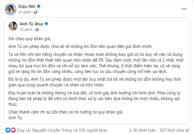 Diệu Nhi chia sẻ lại bài đăng của Anh Tú. Ảnh: Chụp màn hình Diệu Nhi chia sẻ lại bài đăng của Anh Tú. Ảnh: Chụp màn hình