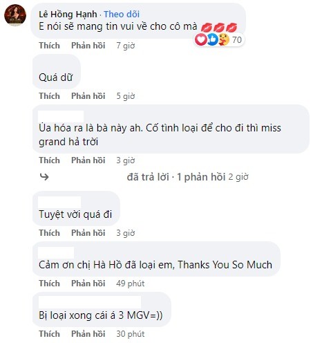 Hồng Hạnh bình luận dưới bài đăng của siêu mẫu Thanh Hằng. Ảnh: Chụp màn hình Hồng Hạnh bình luận dưới bài đăng của siêu mẫu Thanh Hằng. Ảnh: Chụp màn hình
