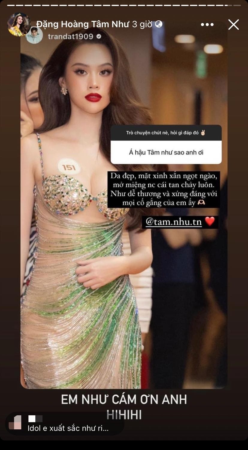 Á hậu Tâm Như chia sẻ lại lời nhận xét của 'đàn anh'. Ảnh: Chụp màn hình Á hậu Tâm Như chia sẻ lại lời nhận xét của 'đàn anh'. Ảnh: Chụp màn hình