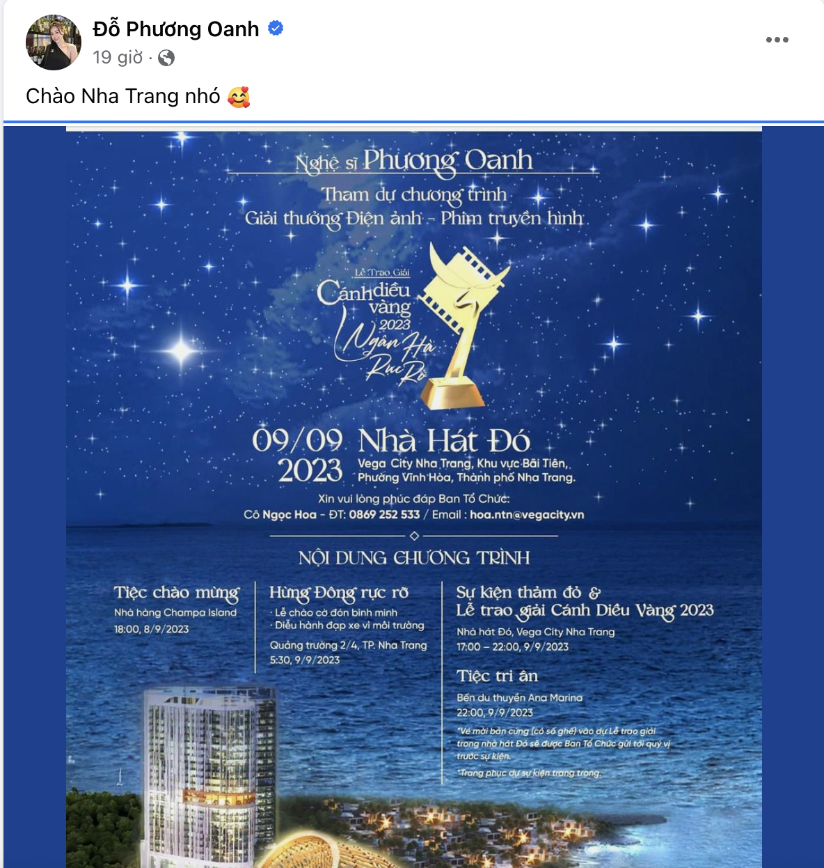 Phương Oanh hào hứng khoe thư mời Cánh diều Vàng 2023. Ảnh: Chụp màn hình