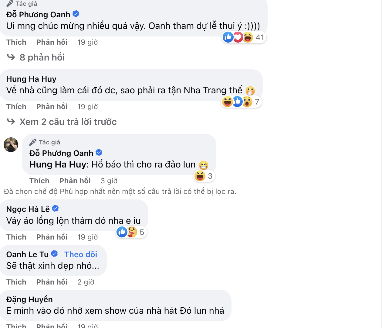 Bà xã Công Lý, diễn viên Tú Oanh - đảm nhận vai mẹ của Phương Oanh trong 'Hương vị tình thân',... cùng nhiều khán giả bình luận dưới bài đăng của Phương Oanh. Ảnh: Chụp màn hình Bà xã Công Lý, diễn viên Tú Oanh - đảm nhận vai mẹ của Phương Oanh trong 'Hương vị tình thân',... cùng nhiều khán giả bình luận dưới bài đăng của Phương Oanh. Ảnh: Chụp màn hình