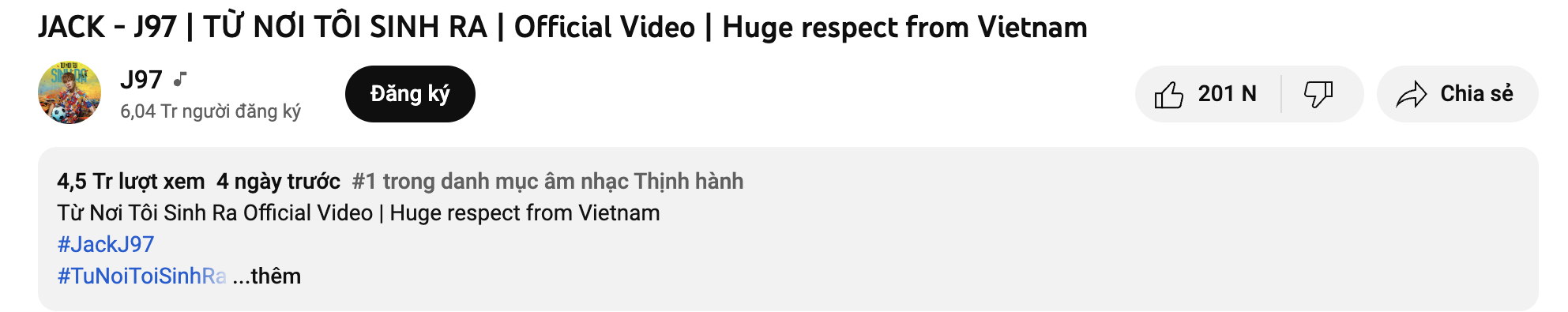 MV của Jack đang sở hữu 4,5 triệu lượt người xem trên Youtube. Đây cũng là MV đứng top 1 thịnh hành trên Youtube. Ảnh: Chụp màn hình MV của Jack đang sở hữu 4,5 triệu lượt người xem trên Youtube. Đây cũng là MV đứng top 1 thịnh hành trên Youtube. Ảnh: Chụp màn hình