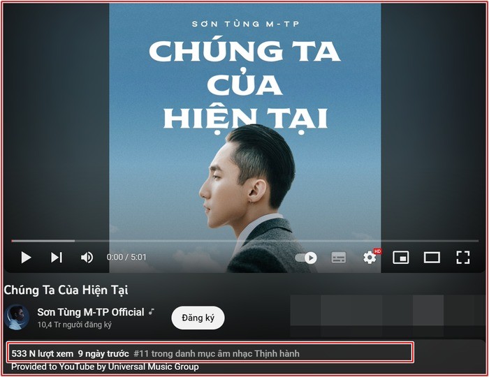Sau 9 ngày ra mắt, 'Chúng ta của hiện tại' của Sơn Tùng đã đạt gần 600 nghìn view. Ảnh: Chụp màn hình Sau 9 ngày ra mắt, 'Chúng ta của hiện tại' của Sơn Tùng đã đạt gần 600 nghìn view. Ảnh: Chụp màn hình