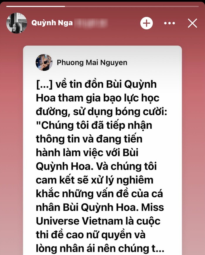 Giám đốc Quốc gia Miss Universe Vietnam chia sẻ lại bài đăng của MC Phương Mai. Ảnh: Chụp màn hình Giám đốc Quốc gia Miss Universe Vietnam chia sẻ lại bài đăng của MC Phương Mai. Ảnh: Chụp màn hình
