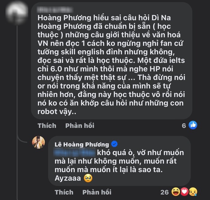 Phản hồi của Lê Hoàng Phương khiến nhiều người chú ý. Ảnh: FBNV Phản hồi của Lê Hoàng Phương khiến nhiều người chú ý. Ảnh: FBNV