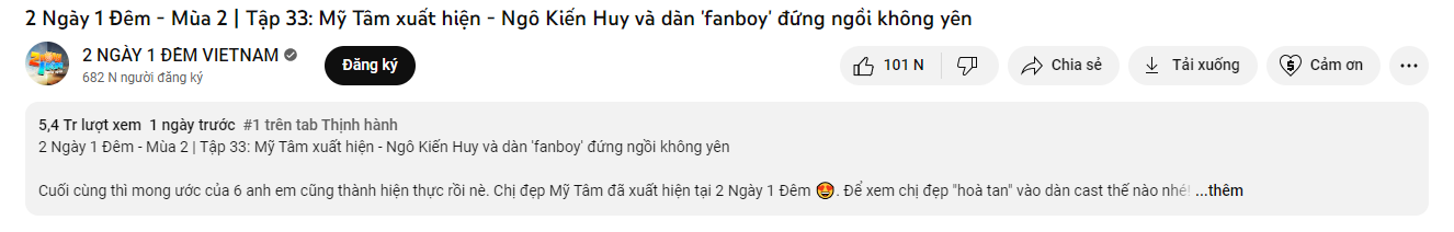 Những con số ấn tượng về tập 33 show 2 ngày 1 đêm có sự tham gia của Mỹ Tâm. Ảnh: Chụp màn hình