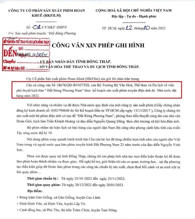 Công văn của Công ty sản xuất phim gửi các đơn vị thể hiện thông tin kịch bản 'Đất rừng phương Nam theo kế hoạch sản xuất phim truyện điện ảnh do Nhà nước đặt hàng' (khoanh đỏ). Ảnh: PLO Công văn của Công ty sản xuất phim gửi các đơn vị thể hiện thông tin kịch bản 'Đất rừng phương Nam theo kế hoạch sản xuất phim truyện điện ảnh do Nhà nước đặt hàng' (khoanh đỏ). Ảnh: PLO