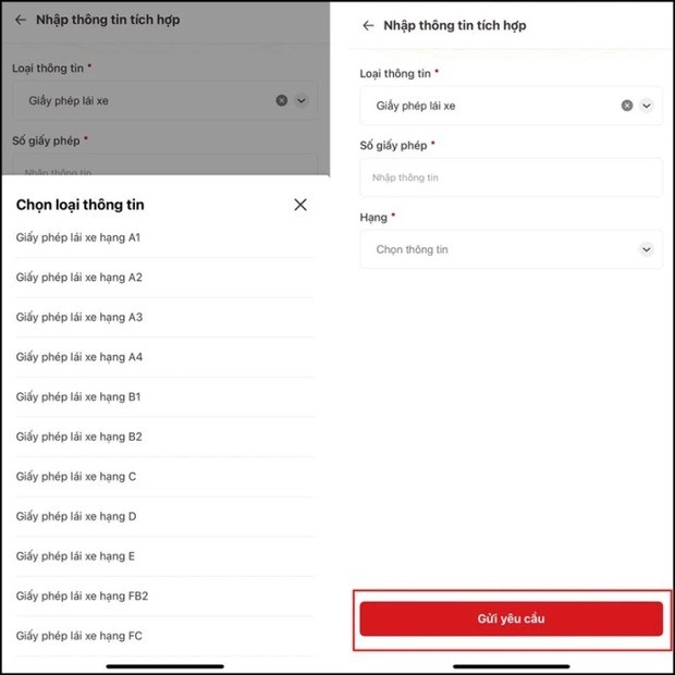 Bước 2: Chọn Tạo mới yêu cầu > Chọn thông tin > Chọn mục Giấy phép lái xe. Bước 2: Chọn Tạo mới yêu cầu > Chọn thông tin > Chọn mục Giấy phép lái xe.