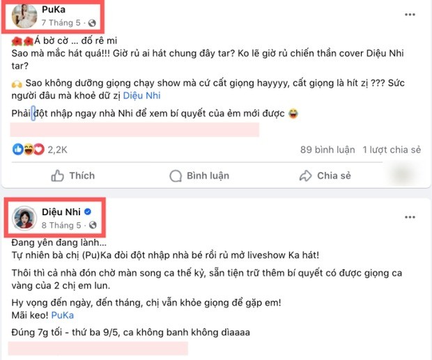 Diệu Nhi và Puka thoải mái nhắc đến nhau trên mạng xã hội cách đây 5 tháng. Ảnh: Chụp màn hình