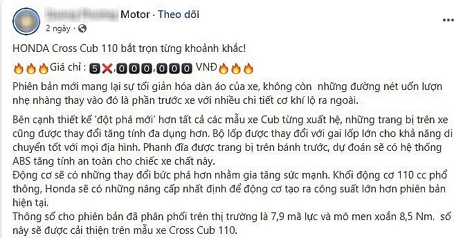 1 đại lý không chính thức bất ngờ thông báo giảm giá xe Honda Cross Cub 110. Ảnh: Chụp màn hình 1 đại lý không chính thức bất ngờ thông báo giảm giá xe Honda Cross Cub 110. Ảnh: Chụp màn hình