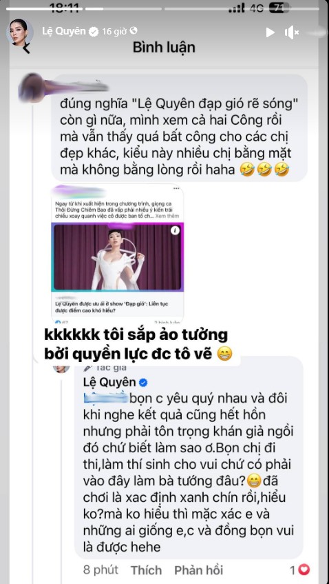 Lệ Quyên tỏ rõ quan điểm trước vị đến tham gia chương trình vì được ưu ái. Ảnh: Chụp màn hình Lệ Quyên tỏ rõ quan điểm trước vị đến tham gia chương trình vì được ưu ái. Ảnh: Chụp màn hình