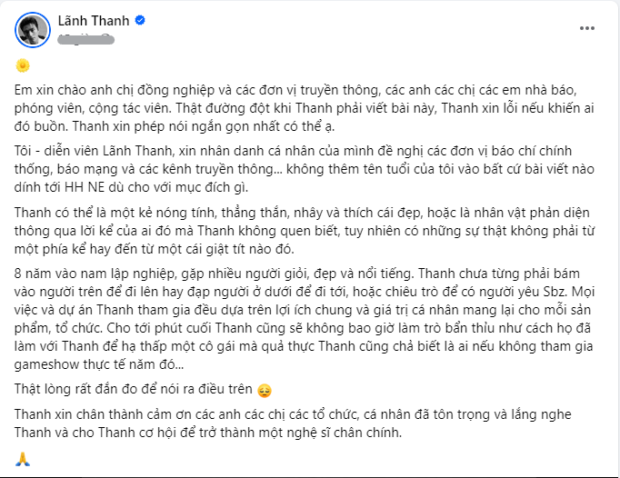 Nguyên văn bài chia sẻ của Lãnh Thanh. Ảnh: Chụp màn hình Nguyên văn bài chia sẻ của Lãnh Thanh. Ảnh: Chụp màn hình