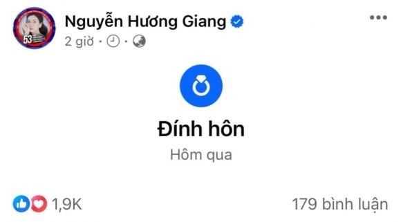 Diễn viên Hương Giang khoe 'đính hôn' lên MXH khiến nhiều người chú ý. Ảnh: Chụp màn hình Diễn viên Hương Giang khoe 'đính hôn' lên MXH khiến nhiều người chú ý. Ảnh: Chụp màn hình