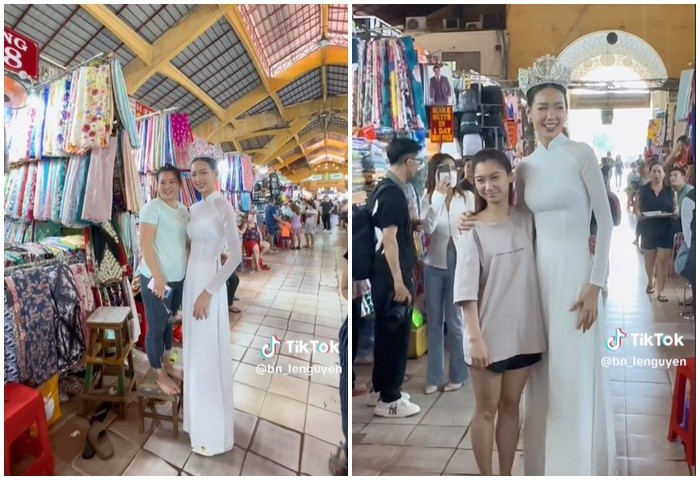Nhiều tiểu thương, khán giả xin chụp ảnh kỷ niệm với Bảo Ngọc khi thấy cô xuất hiện tại chợ. Ảnh: Chụp màn hình clip. Nhiều tiểu thương, khán giả xin chụp ảnh kỷ niệm với Bảo Ngọc khi thấy cô xuất hiện tại chợ. Ảnh: Chụp màn hình clip.