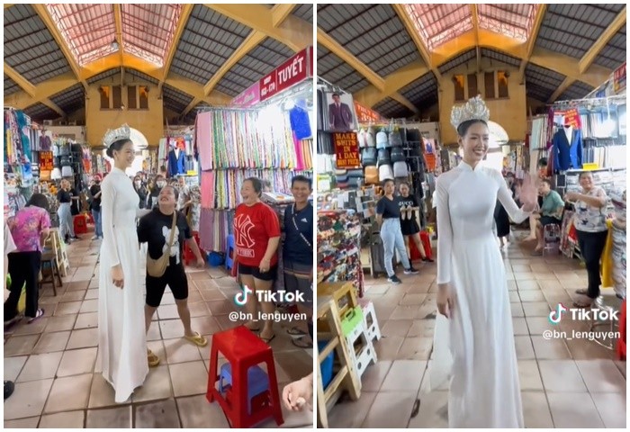 Hoa hậu Bảo Ngọc ghi điểm với hình ảnh lễ phép, thân thiện, ân cần chào hỏi các tiểu thương trong chợ Bến Thành. Ảnh: Chụp màn hình clip. Hoa hậu Bảo Ngọc ghi điểm với hình ảnh lễ phép, thân thiện, ân cần chào hỏi các tiểu thương trong chợ Bến Thành. Ảnh: Chụp màn hình clip.