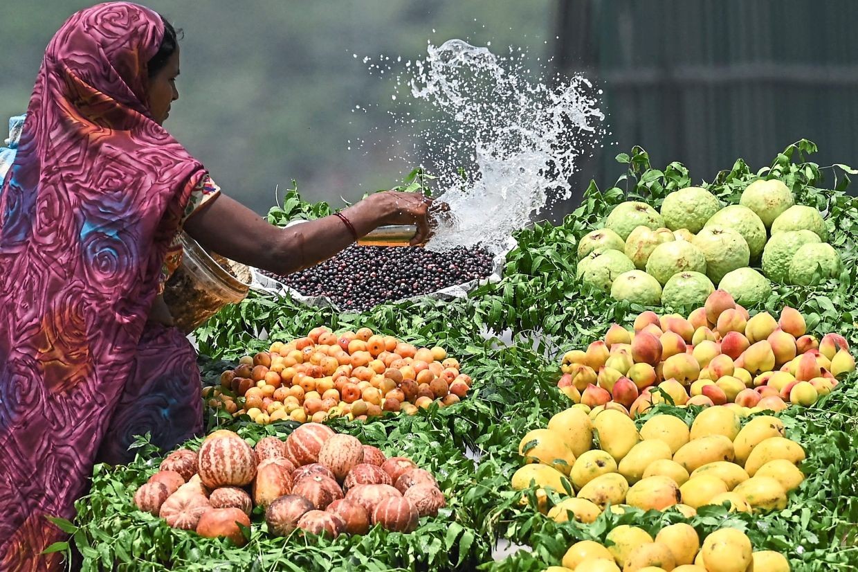 Một người bán hàng tưới nước lên sạp hàng hoa quả ở vệ đường vào một ngày hè nóng nực ở New Delhi. Ảnh: AFP