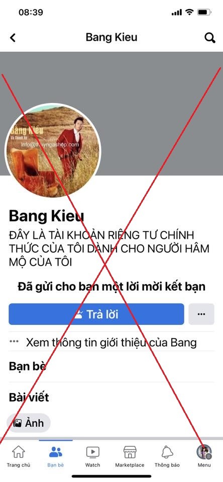 Tài khoản giả mạo. Ảnh: FB Bằng Kiều. Tài khoản giả mạo. Ảnh: FB Bằng Kiều.
