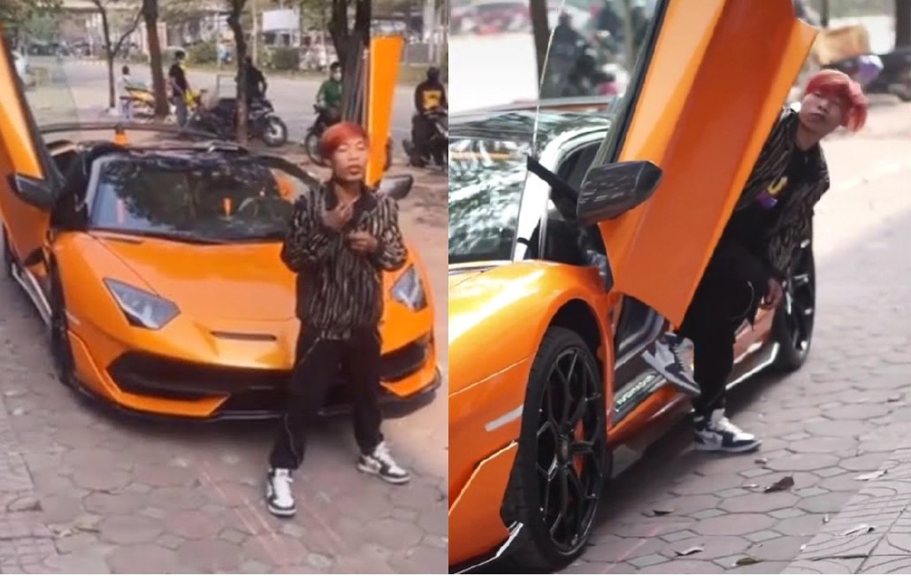 Thông Soái Ca bước xuống từ chiếc Lamborghini Aventador gây xôn xao.  Ảnh: Internet.