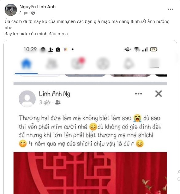 Em gái Khánh Linh cũng chia sẻ việc tài khoản của cô bị giả mạo.  Ảnh chụp màn hình.