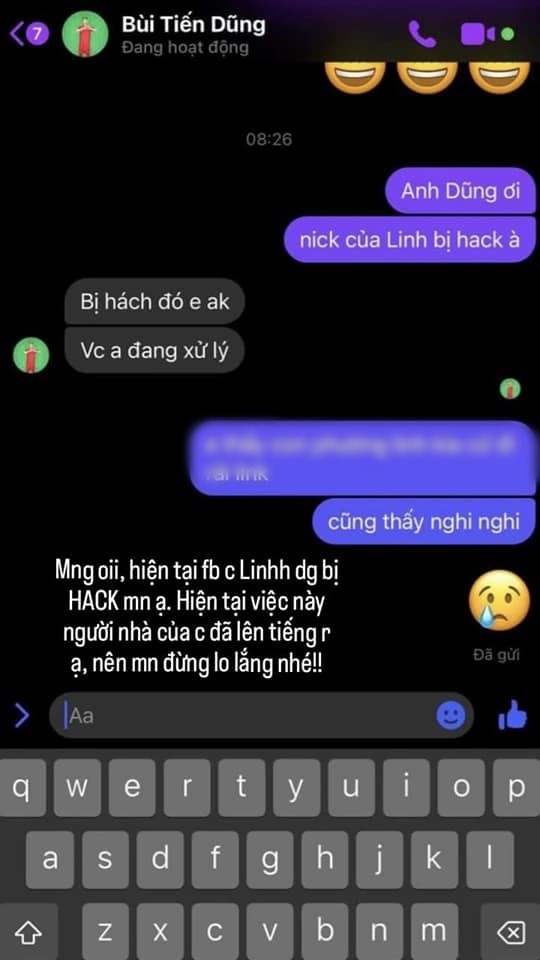 Một tài khoản fan của Bùi Tiến Dũng đăng màn hình chat với cầu thủ chứng minh Facebook Khánh Linh bị hack. Ảnh: Internet.