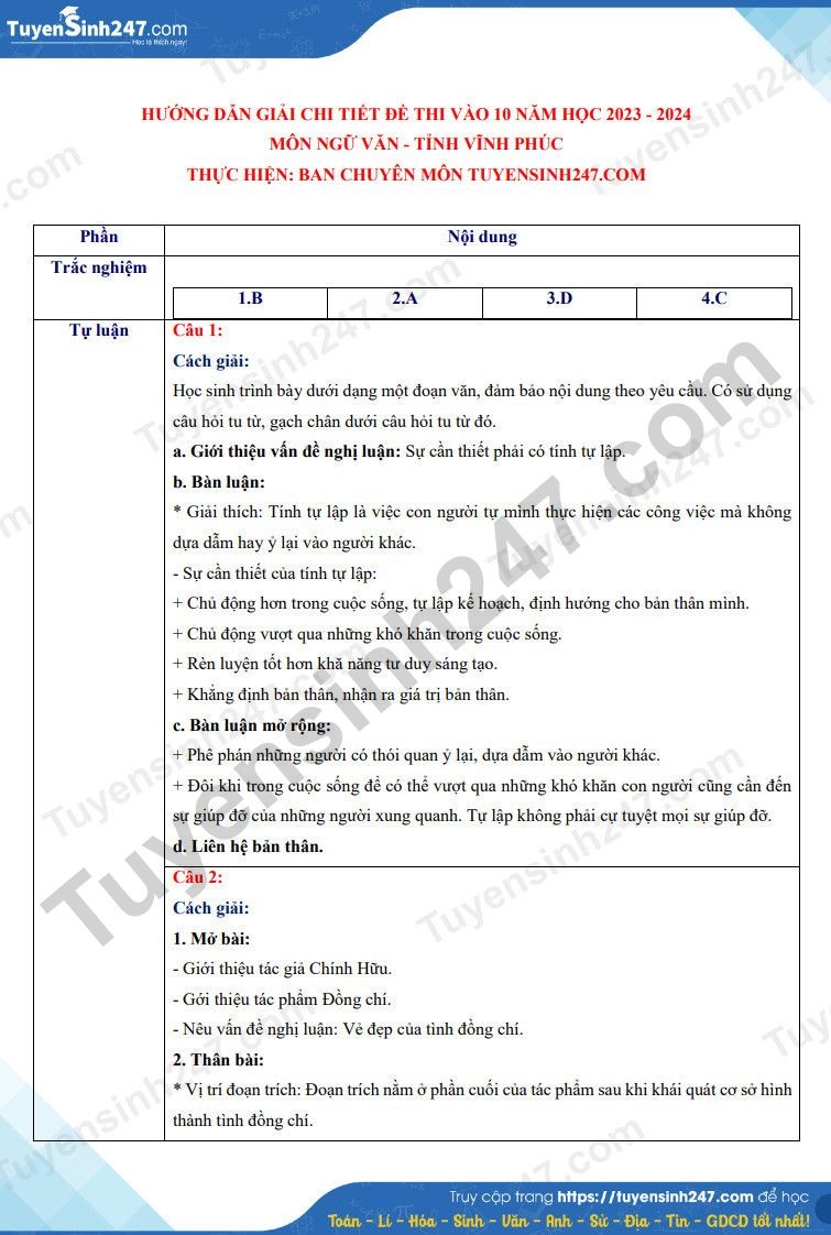 Đáp án đề thi lớp 10 môn Ngữ văn tỉnh Vĩnh Phúc năm 2023 nhanh chóng và chính xác nhất - Ảnh 1