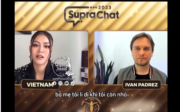 Đặng Thanh Ngân trong phần thi SupraChat tại Miss Supranational 2023. Ảnh chụp màn hình. Đặng Thanh Ngân trong phần thi SupraChat tại Miss Supranational 2023. Ảnh chụp màn hình.