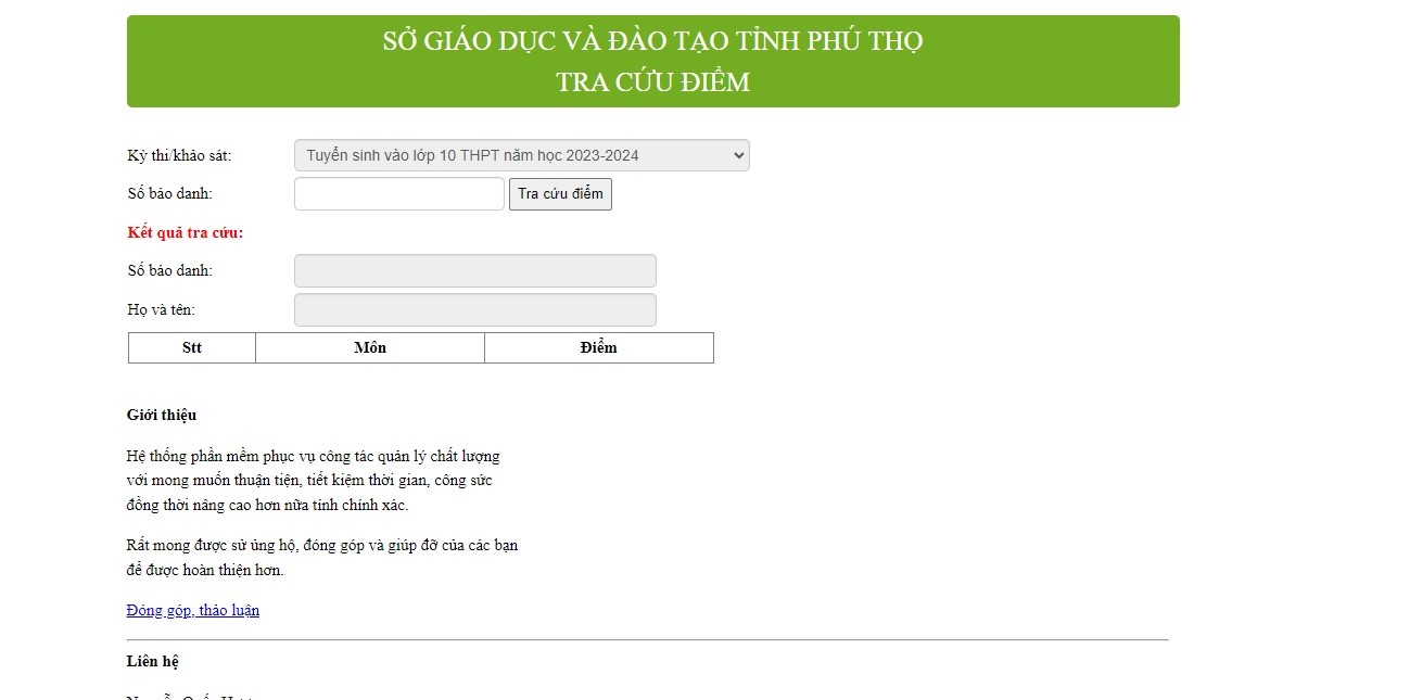 Trang tra cứu điểm thi vào lớp 10 năm 2023 của tỉnh Phú Thọ. Ảnh chụp màn hình.