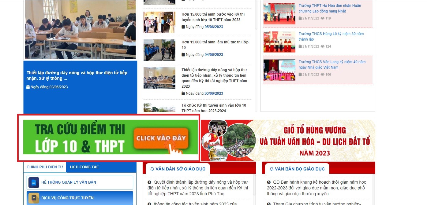 Thí sinh và phụ huynh click chuột vào ô màu xanh lá trên website của Sở GD&ĐT tỉnh Phú Thọ để tra cứu điểm thi. Ảnh chụp màn hình.