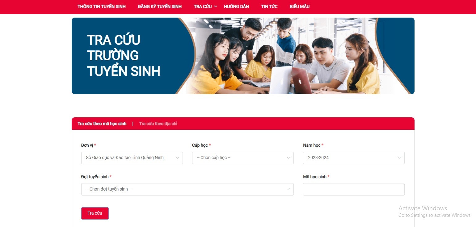 Trang tra cứu điểm thi vào lớp 10 năm 2023 của tỉnh Quảng Ninh. Ảnh chụp màn hình.