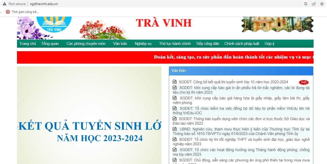 Sở GD&ĐT tỉnh Trà Vinh đã công bố kết quả thi tuyển sinh lớp 10 năm học 2023-2024. Ảnh chụp màn hình.