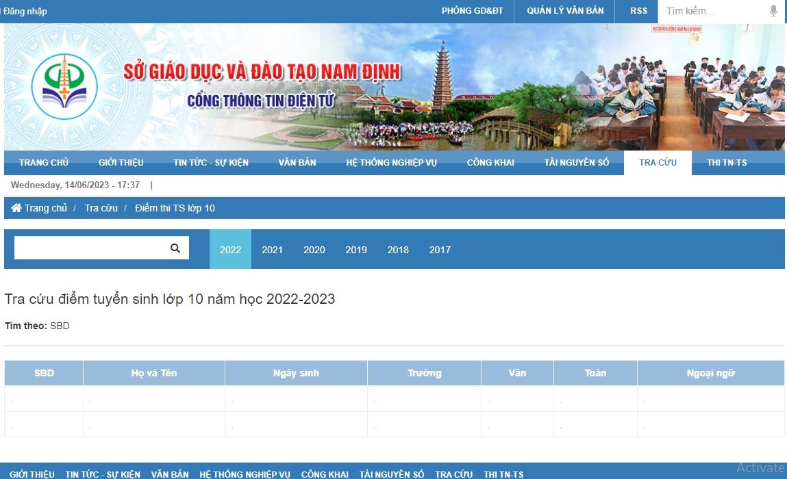 Trang truy cập tra cứu điểm thi lớp 10 của tỉnh Nam Định. Ảnh chụp màn hình.