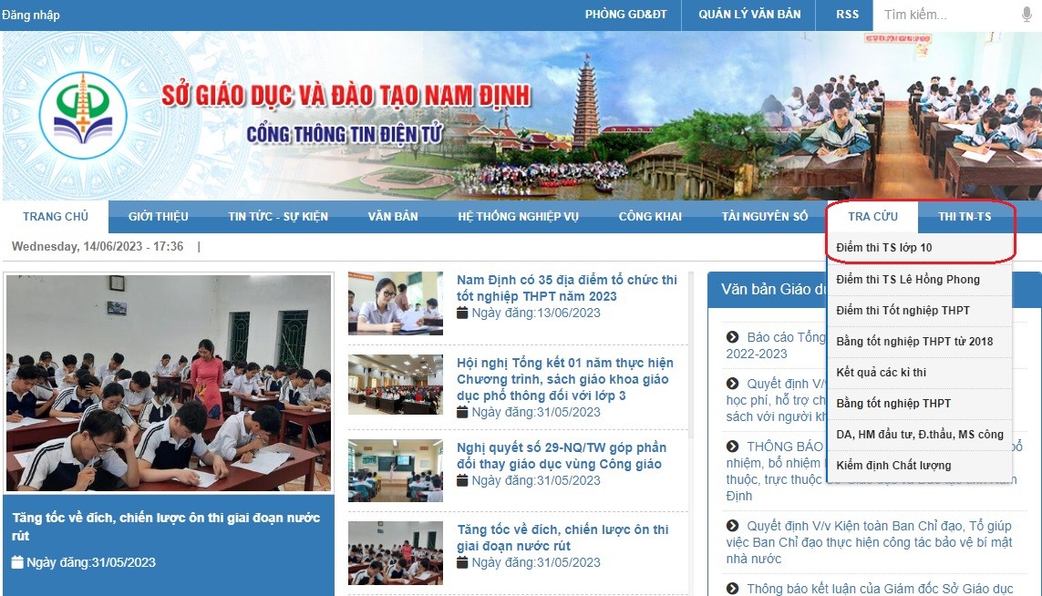 Trang chủ của Cổng thông tin điện tử Sở GD&ĐT tỉnh Nam Định có mục tra cứu điểm thi. Ảnh chụp màn hình.