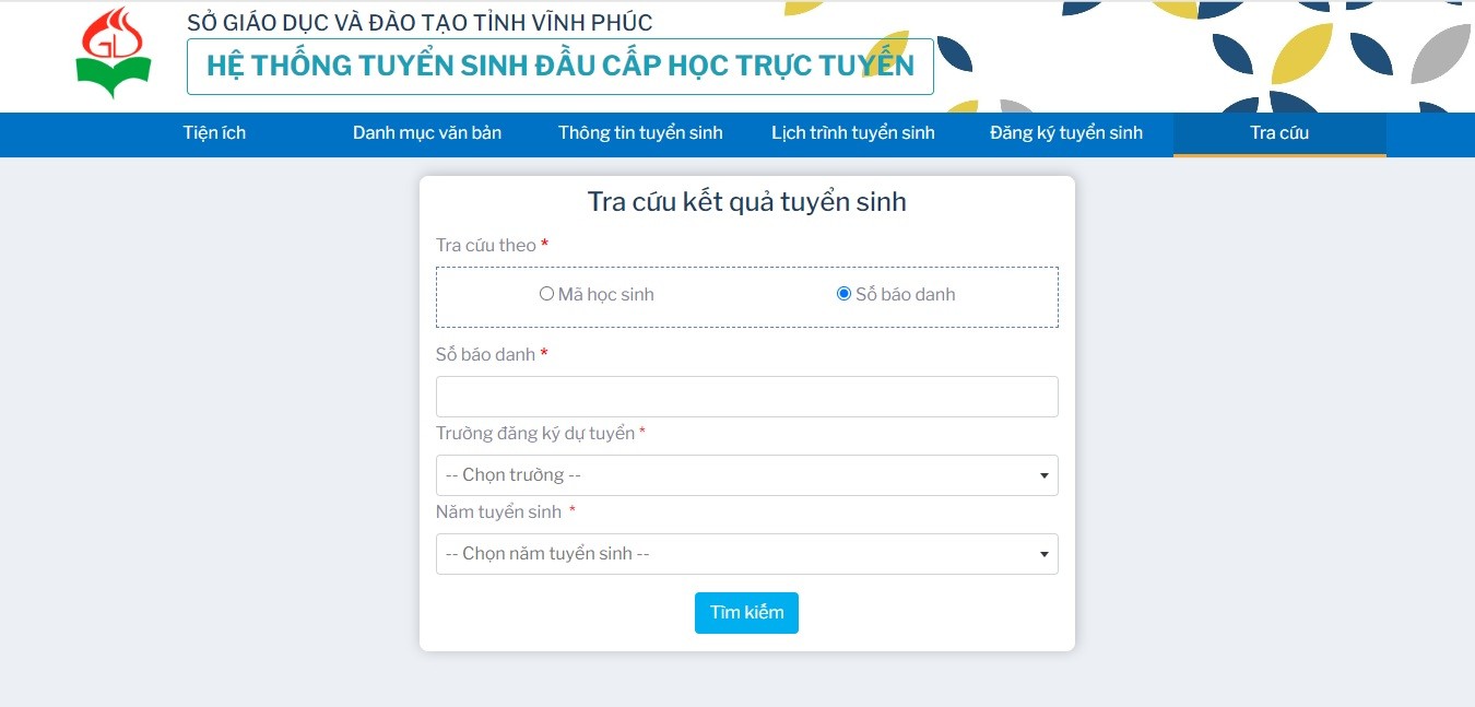 Trang tra cứu điểm thi của Sở GD&ĐT Vĩnh Phúc. Ảnh chụp màn hình.
