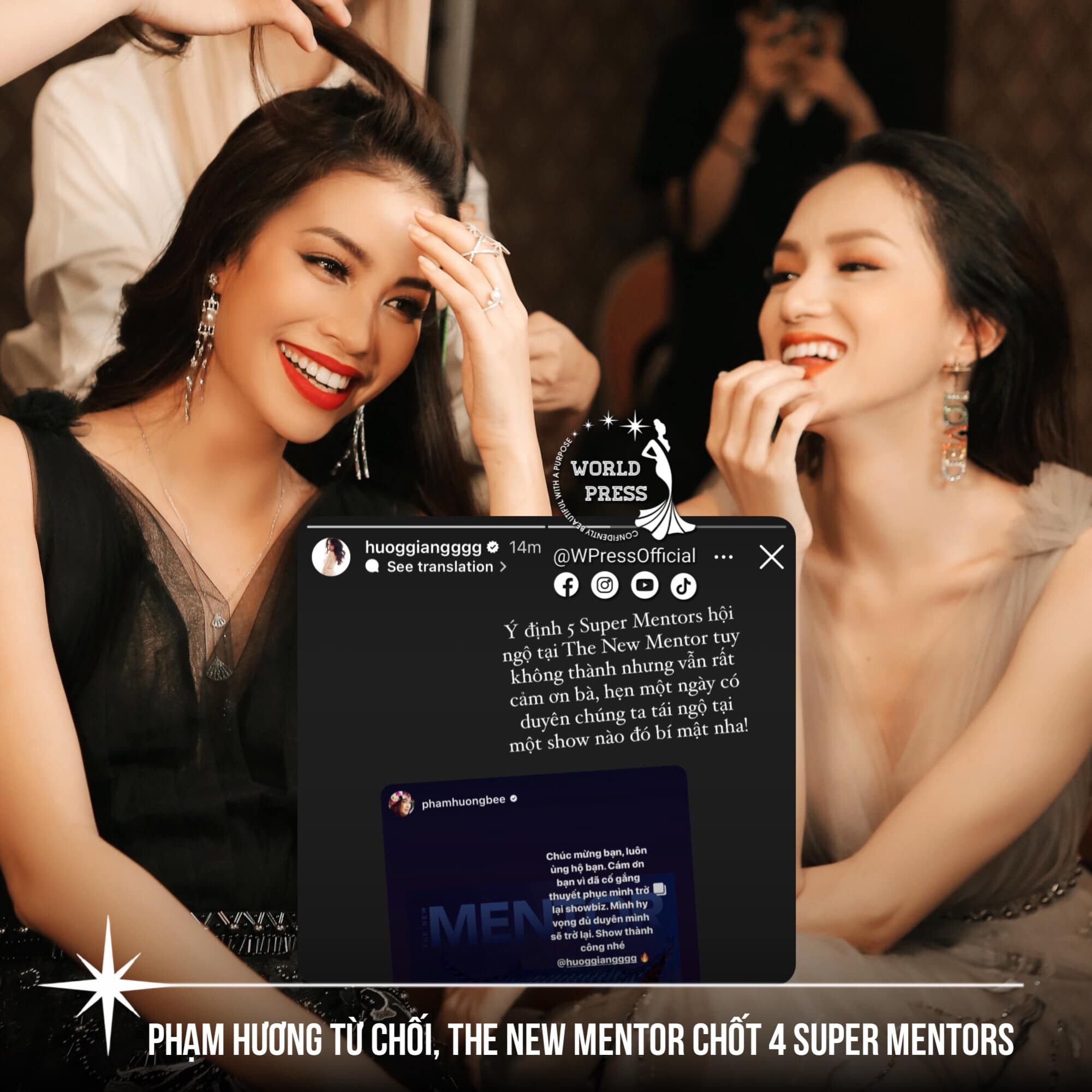 Tin nhắn Phạm Hương từ chối tham gia show của Hương Giang được lan truyền trên mạng xã hội. Ảnh: World Press Tin nhắn Phạm Hương từ chối tham gia show của Hương Giang được lan truyền trên mạng xã hội. Ảnh: World Press