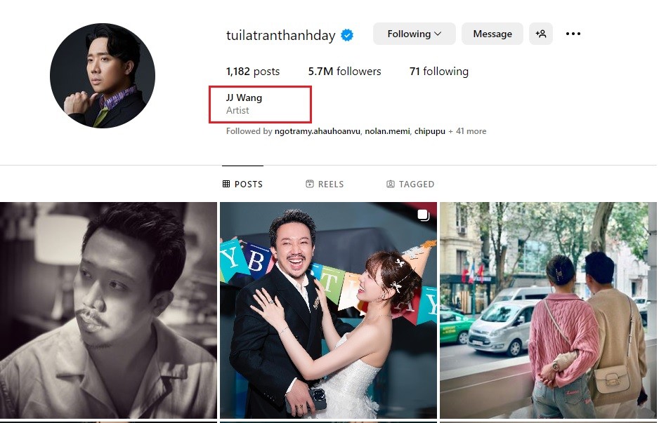 Trấn Thành thêm nghệ danh 'JJ Wang' vào thông tin giới thiệu trên trang Instagram cá nhân. Ảnh chụp màn hình. Trấn Thành thêm nghệ danh 'JJ Wang' vào thông tin giới thiệu trên trang Instagram cá nhân. Ảnh chụp màn hình.