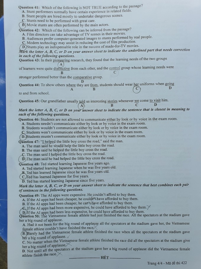 Đáp án đề thi môn Tiếng Anh kỳ thi tốt nghiệp THPT 2023 mã đề 422 - Ảnh 4 Đáp án đề thi môn Tiếng Anh kỳ thi tốt nghiệp THPT 2023 mã đề 422 - Ảnh 4