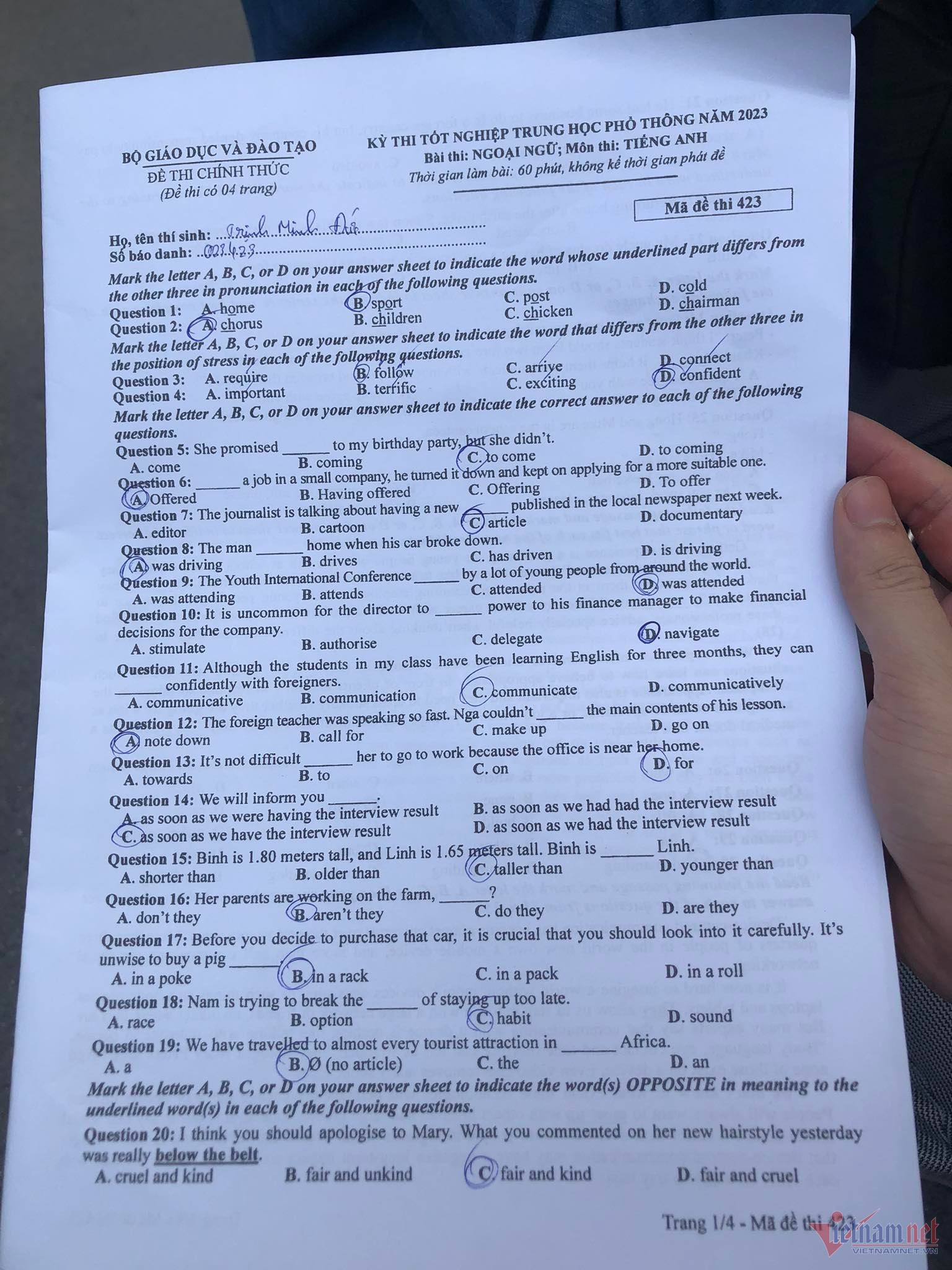 Đáp án đề thi môn Tiếng Anh kỳ thi tốt nghiệp THPT 2023 mã đề 423 - Ảnh 1