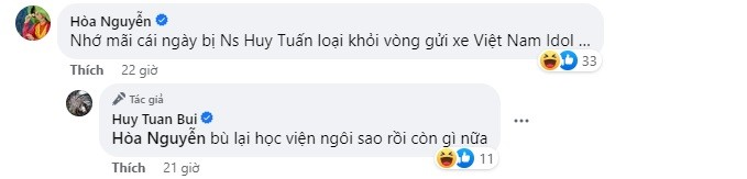 Bình luận tương tác giữa Hòa Minzy và nhạc sĩ Huy Tuấn. Ảnh chụp màn hình. Bình luận tương tác giữa Hòa Minzy và nhạc sĩ Huy Tuấn. Ảnh chụp màn hình.