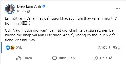 Diệp Lâm Anh lên tiếng về bài viết dài, không sai chính tả của chồng cũ. Ảnh chụp màn hình. Diệp Lâm Anh lên tiếng về bài viết dài, không sai chính tả của chồng cũ. Ảnh chụp màn hình.